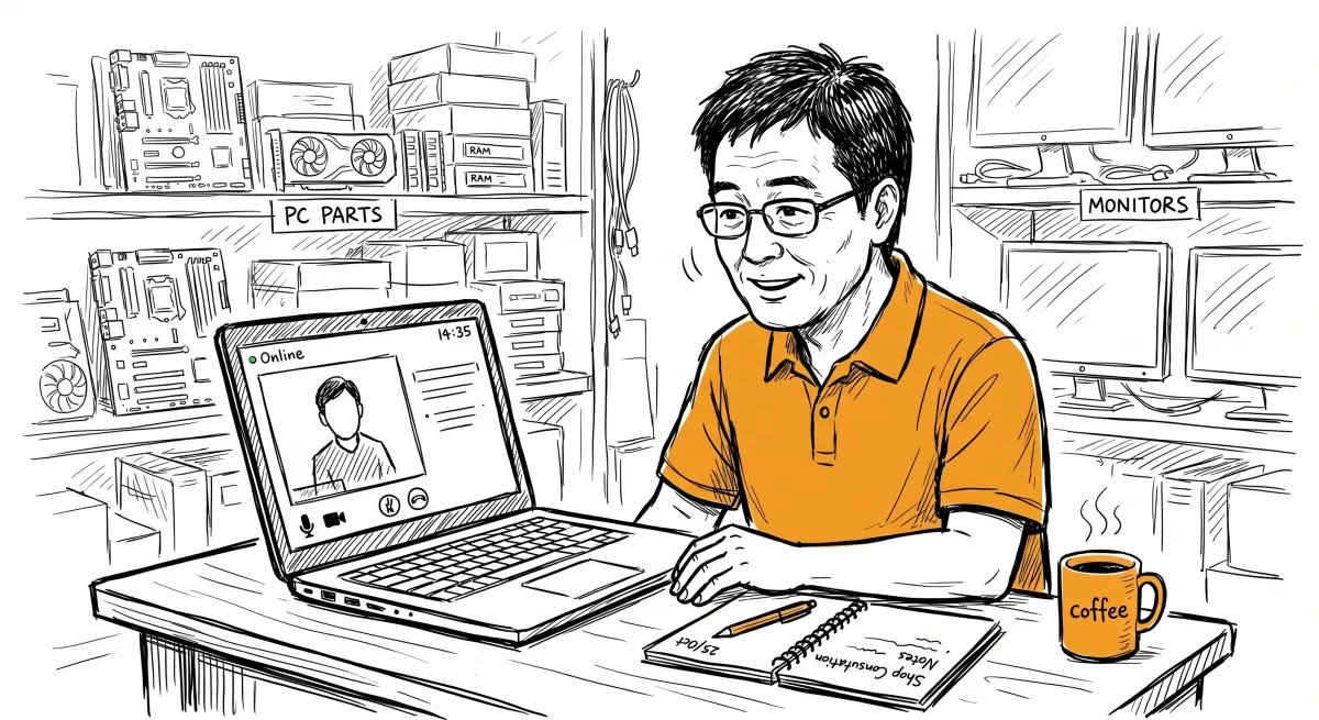 日本人のパソコン店店主がノートPCでオンライン集客相談を受けているイラスト